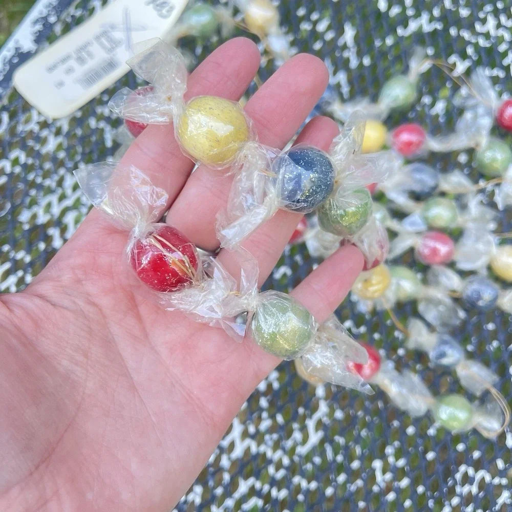Vintage Plastic Wrapped Hard Candy Wood Garland 9‎ Foot- Red Yellow Blue Green
